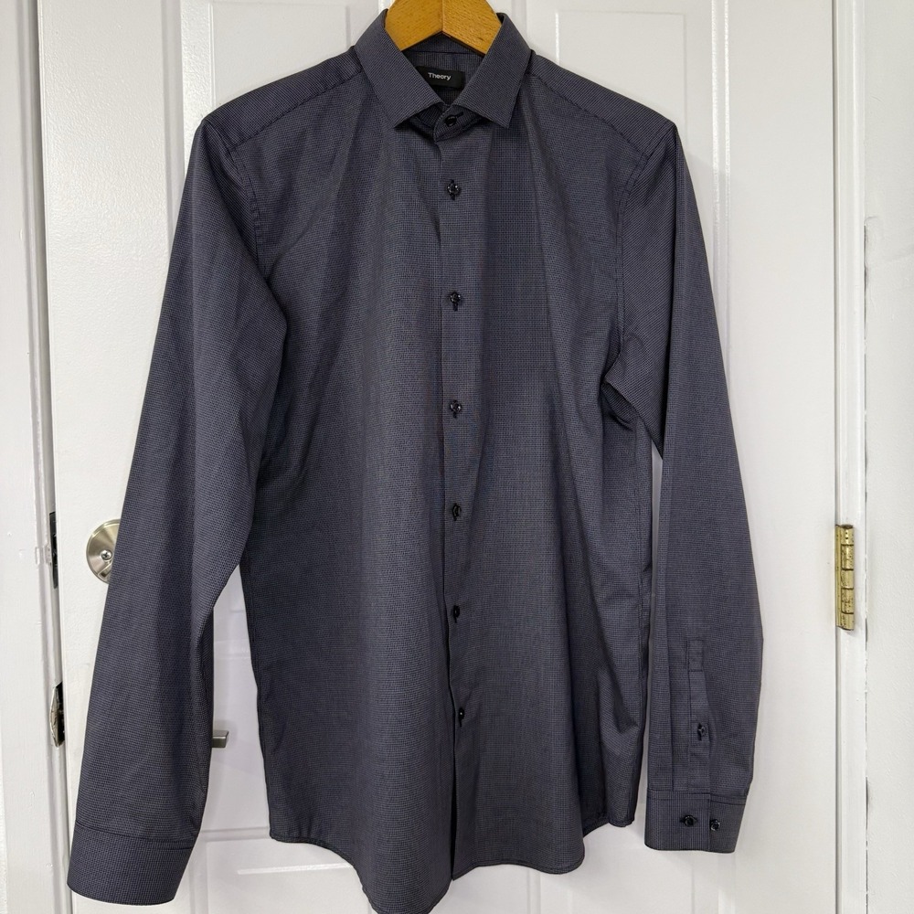 Theory Black Mini Check Long Sleeve Shirt Men's 15.5 Regular/Size Medium